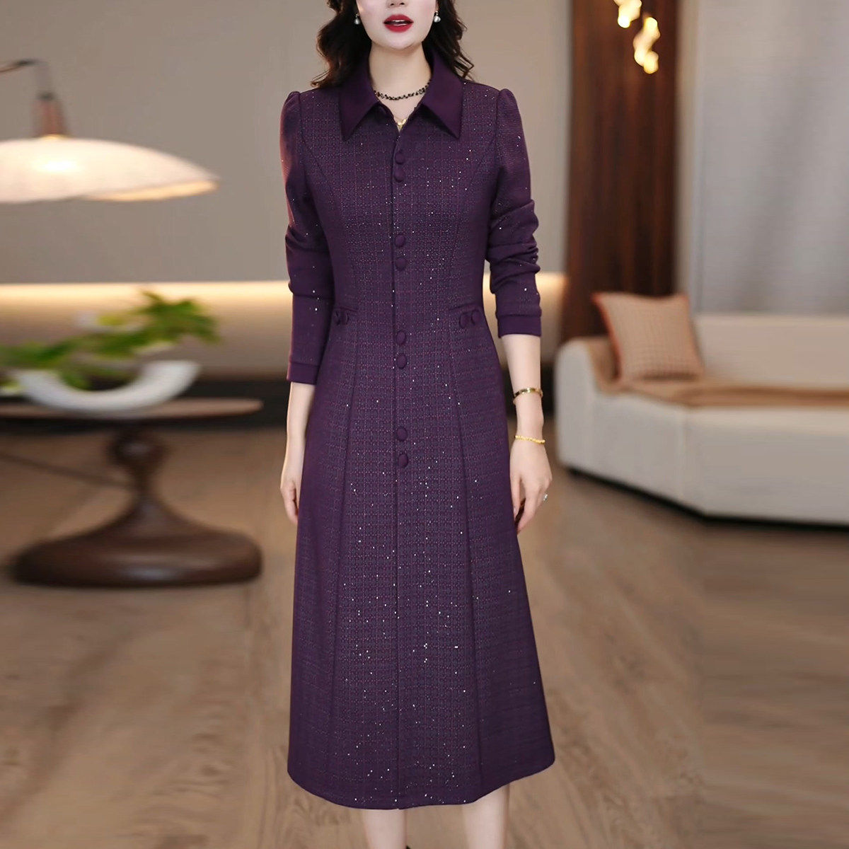 气质优雅长袖连衣裙女2026秋季新款妈妈时尚修身显瘦紫色中长裙子