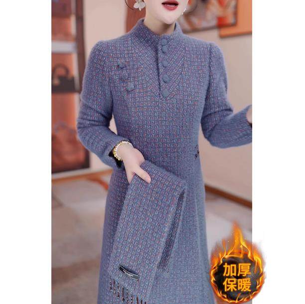 长袖高档立领两件套连衣裙女2025秋冬新款流行妈妈加厚半身裙套装
