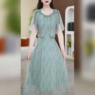 赛菲雅广州十三行女装爆款连衣裙2025新款小个子假两件纱料裙子夏