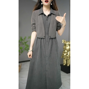 气质高端长袖假两件连衣裙女2025新款高档妈妈显瘦春秋套装长裙子