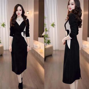 连衣裙2025新款今年流行爆款冬米咖拼黑设计感山茶花优雅收腰显瘦