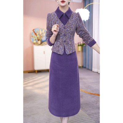 高端贵夫人加厚打底连衣裙女2025年秋冬新款配大衣妈妈假两件裙子