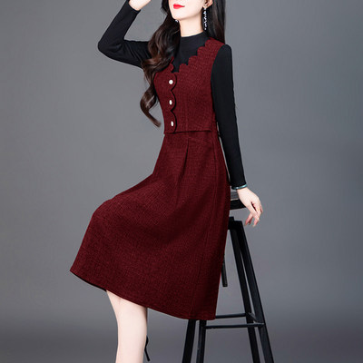 法式连衣裙2025新款秋冬女装气质拼接假两件配大衣修身中长款裙子