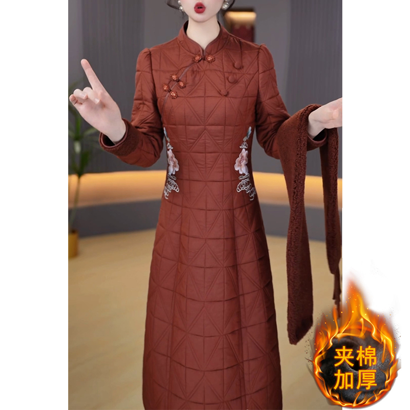 围巾两件套改良旗袍连衣裙女2025年秋冬新款妈妈套装夹棉加厚裙子
