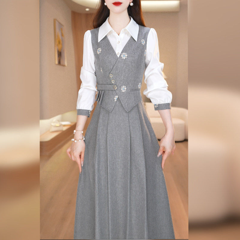 美瑞假两件衬衫领连衣裙女秋装2025年新款修身减龄轻熟风a字裙潮