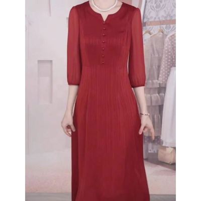 双面提花缎连衣裙2025早秋新款时尚气质显瘦遮肉优雅婚宴礼服裙子