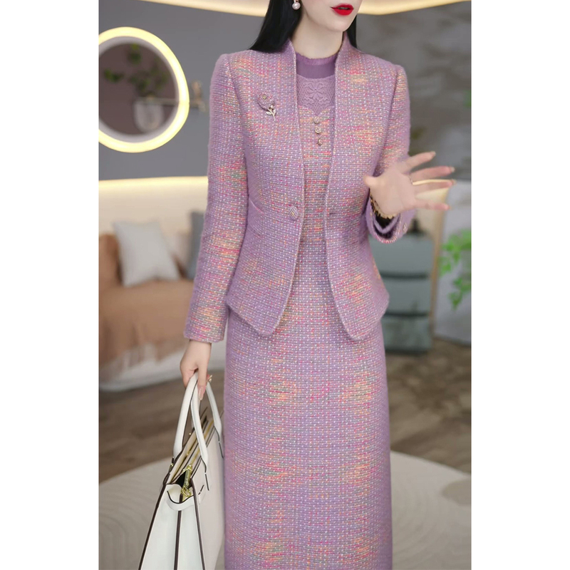 长袖高档小西服两件套连衣裙女2025新款秋冬加厚妈妈气质套装裙子