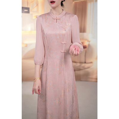 国风爆款七分袖改良旗袍连衣裙女2025年春秋新款妈妈提花礼服裙子