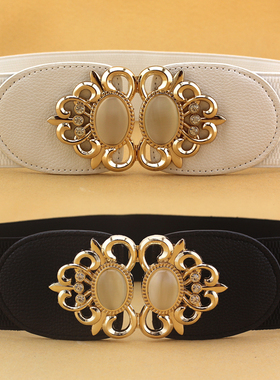 女士松紧腰带裙子装饰腰封猫眼石水钻对扣黑色修身宽松紧皮带大码