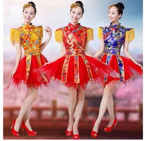 金色新款秧歌服扇子舞蹈服装中国风打鼓旗袍演出服民族成人女
