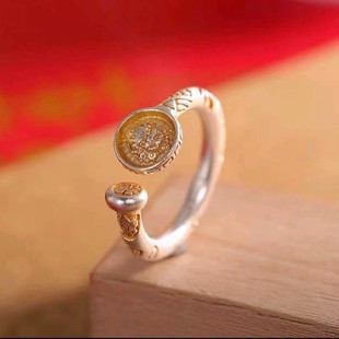 合金黄爷爷招米手镯民族风银饰戒指女古币图案开口戒指小众气质