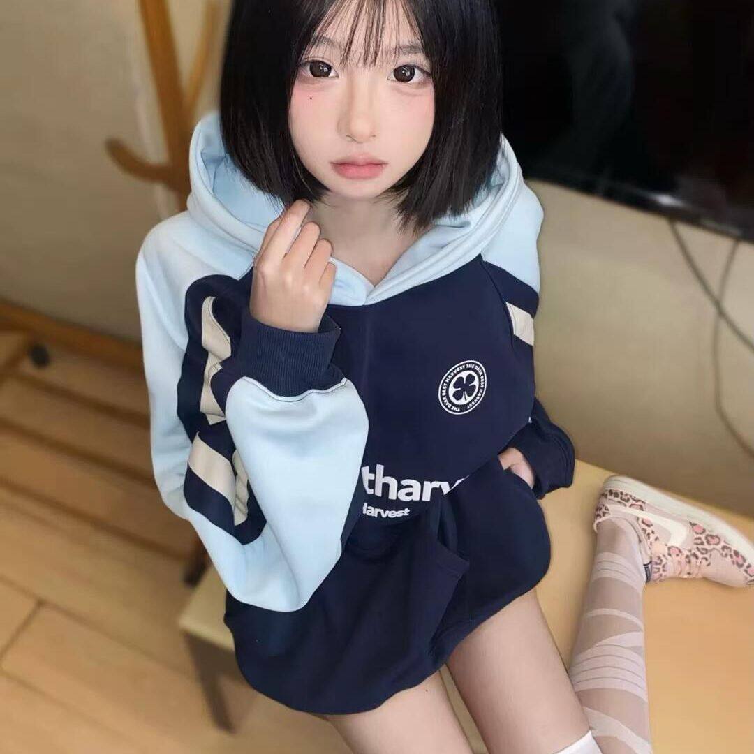 超火【拼接撞色】2025新款美式复古学院连帽卫衣男女学生加绒上衣