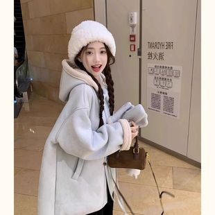 长袖 皮毛一体连帽麂皮绒外套女装 加绒加厚中长款 新款 上衣 2025冬季