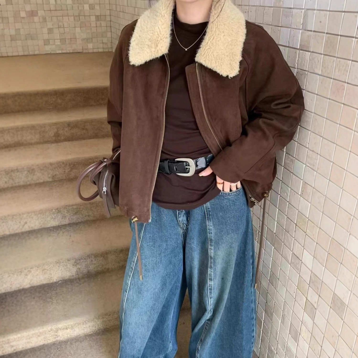 羊羔毛翻领废土风麂皮绒棉服外套