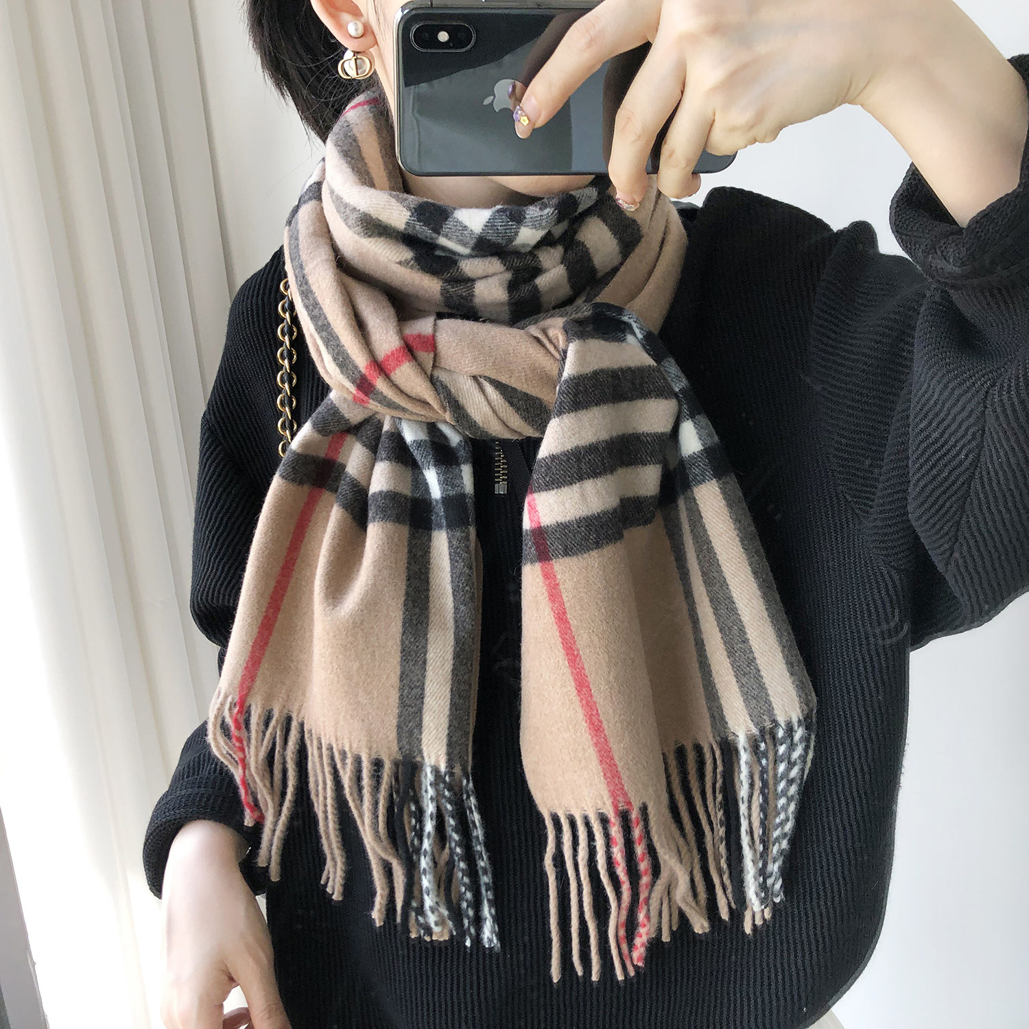 2025冬季新款羊毛围巾格子百搭英伦风男女通用情侣款窄版保暖围脖