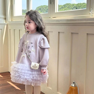 【甜小司】紫色芭蕾！韩系女童小童卡通蕾丝花边网纱卫衣裙加绒款