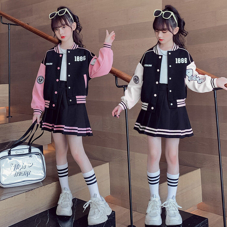 女童学院风套装裙子春秋新款大童洋气亲子装外套女孩棒球服