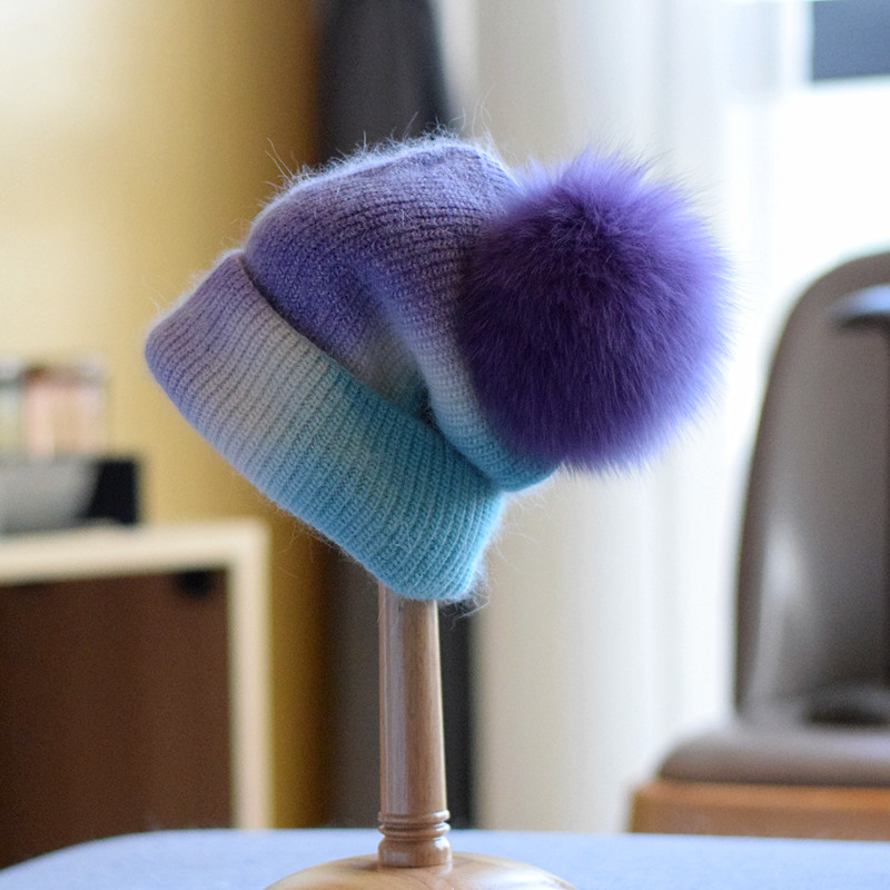软顶双拼色休闲风狐狸毛球新款