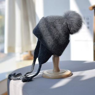 韩版双层兔毛针织护耳帽女秋冬麻花辫子雷锋帽复古百搭狐狸毛球帽