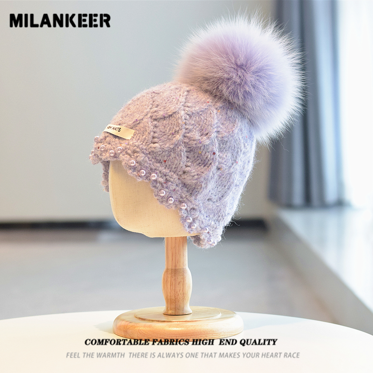 钉珠亮片麻花纹针织帽女秋冬保暖毛线帽狐狸毛球套头帽显脸小日系