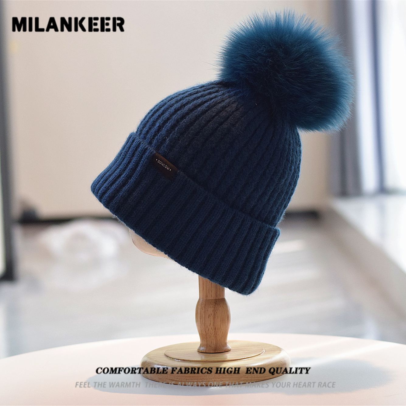 羊绒针织帽子女秋冬保暖护耳麻花套头帽狐狸毛球毛线帽韩版潮兔绒