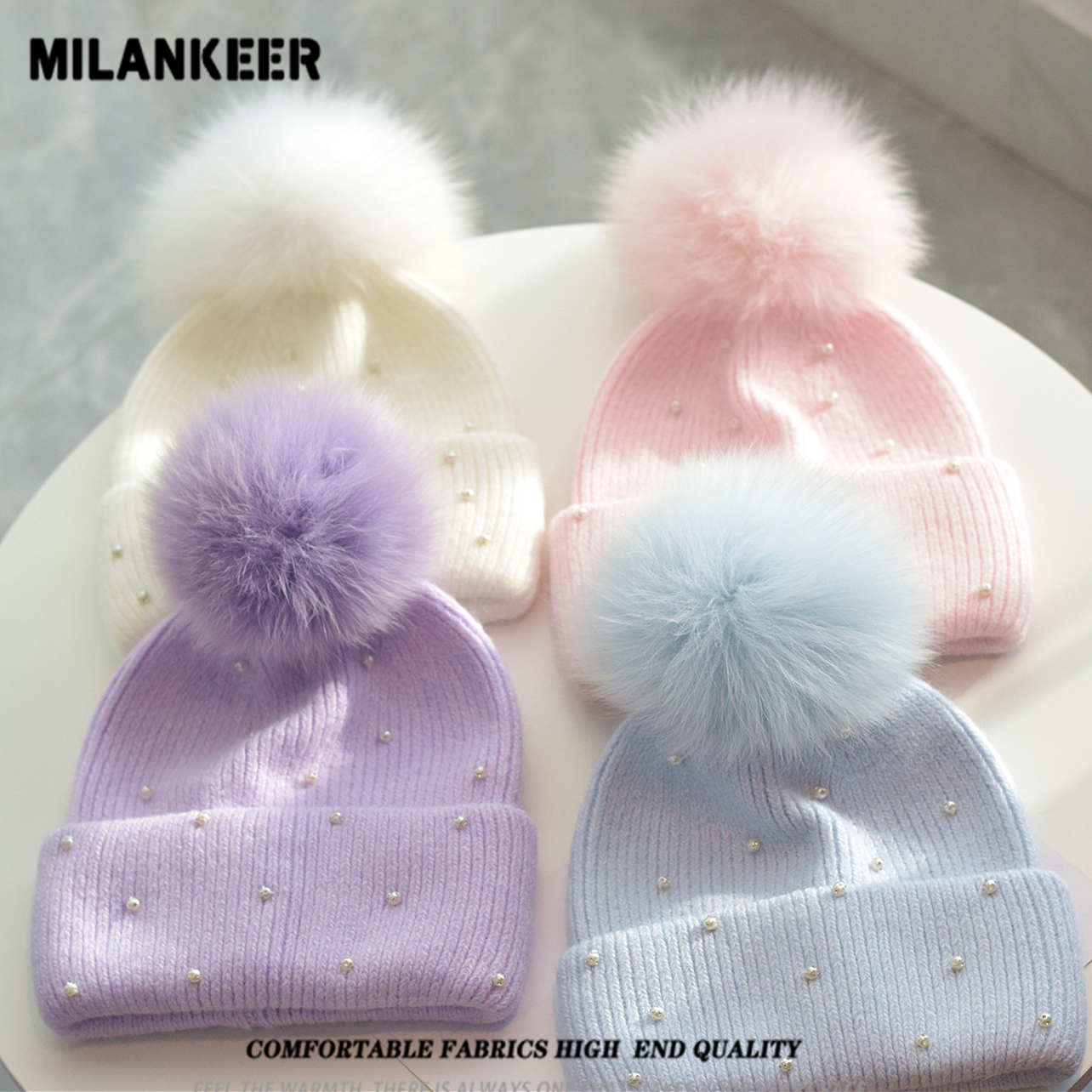 韩版冬季兔毛钉珠女士毛线帽狐狸毛球针织帽休闲百搭套头帽毛线帽