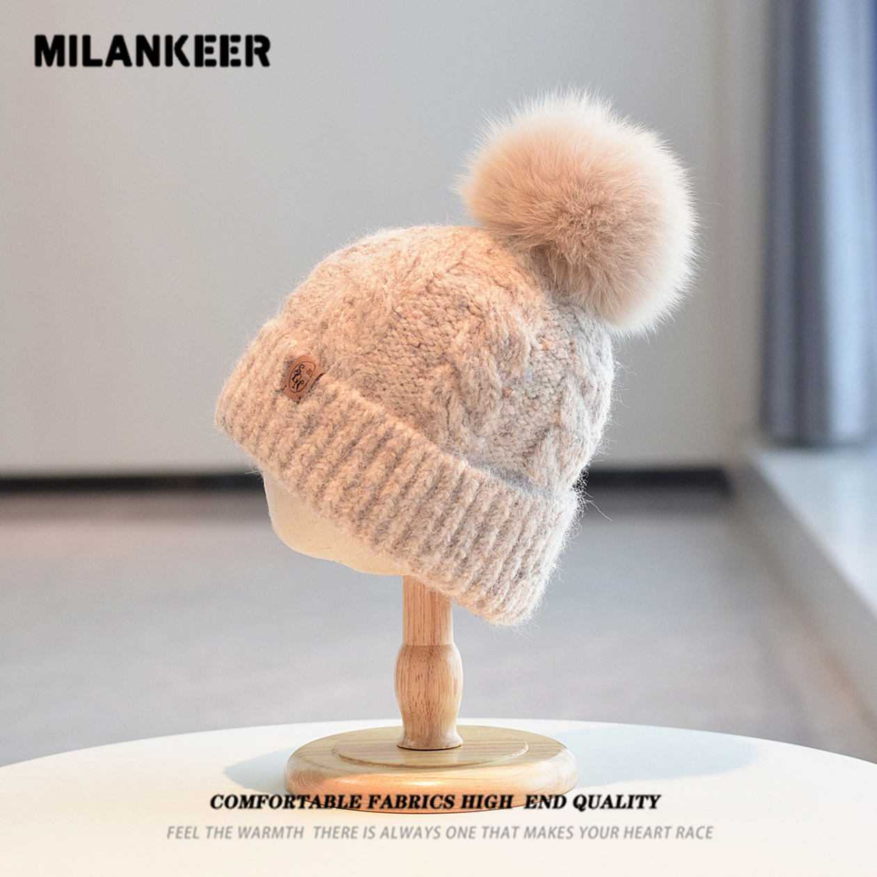 韩版麻花针织帽子女秋冬保暖加厚套头帽时尚百搭狐狸毛球帽毛线帽