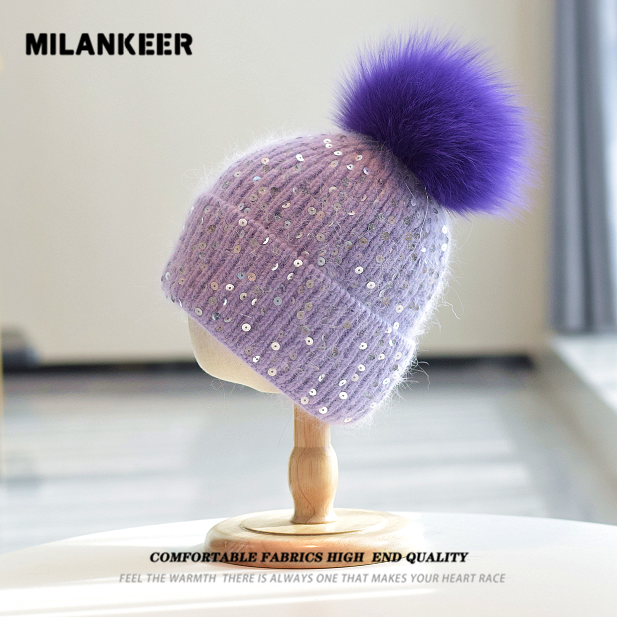 冰岛兔毛针亮片织帽秋冬保暖