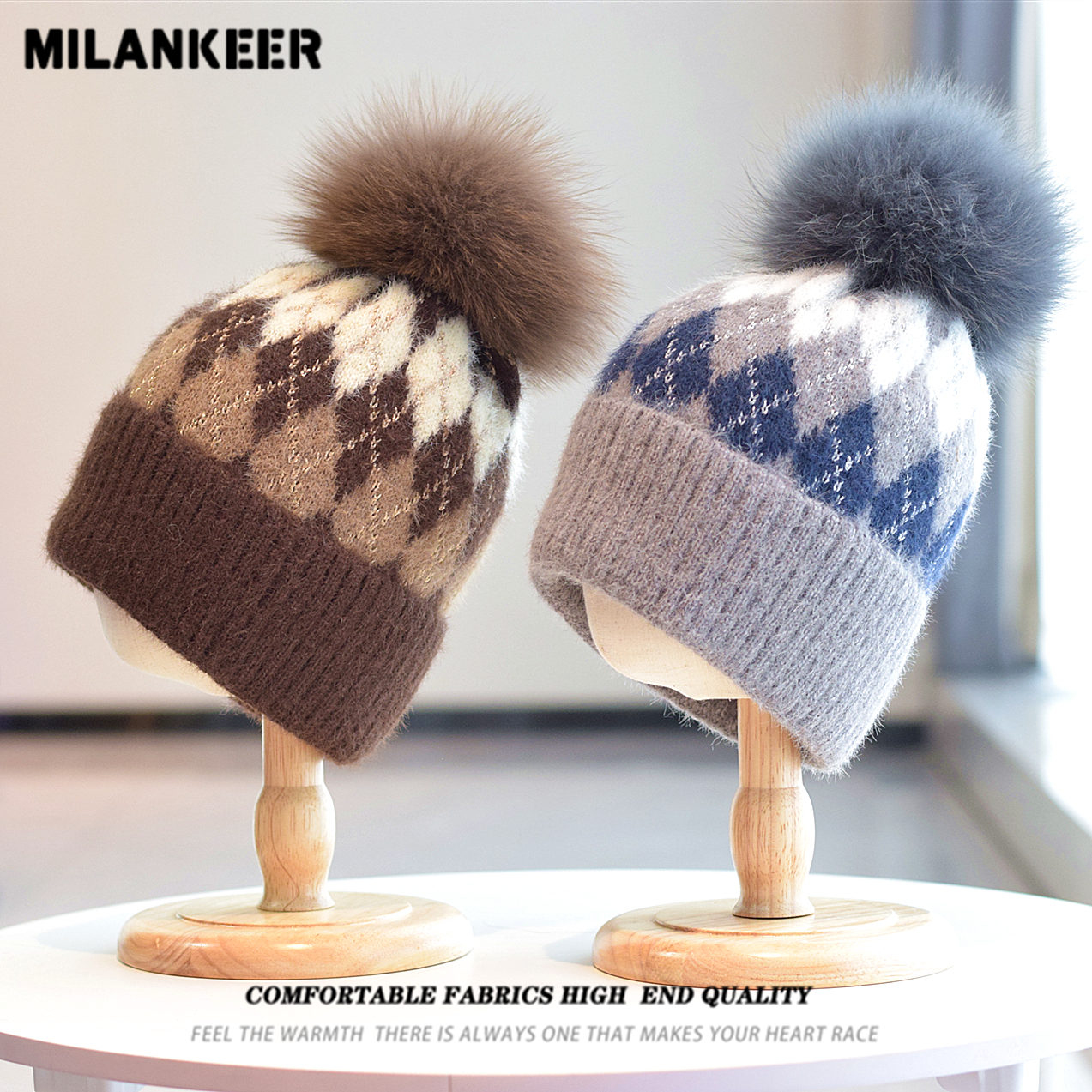 金丝绒菱形格子针织毛线帽