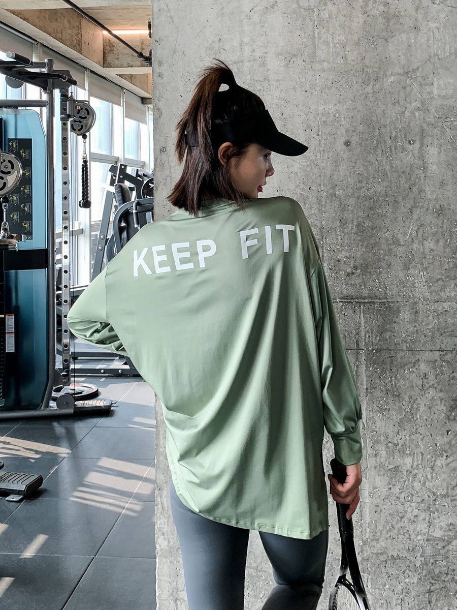 显瘦宽松大码胖mm女健身服瑜伽服上衣速干跑步长款字母运动T恤衫