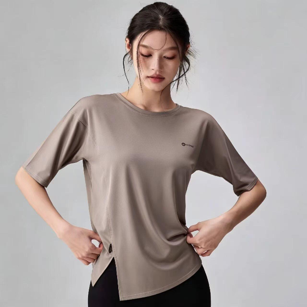 开叉运动短袖女宽松跑步罩衫夏季薄款瑜伽T恤大码速干健身服上衣