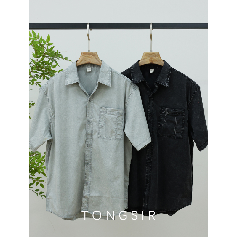 TONGSIR 夏季新款韩系复古水洗显瘦衬衫男装设计感洗水休闲衬衫