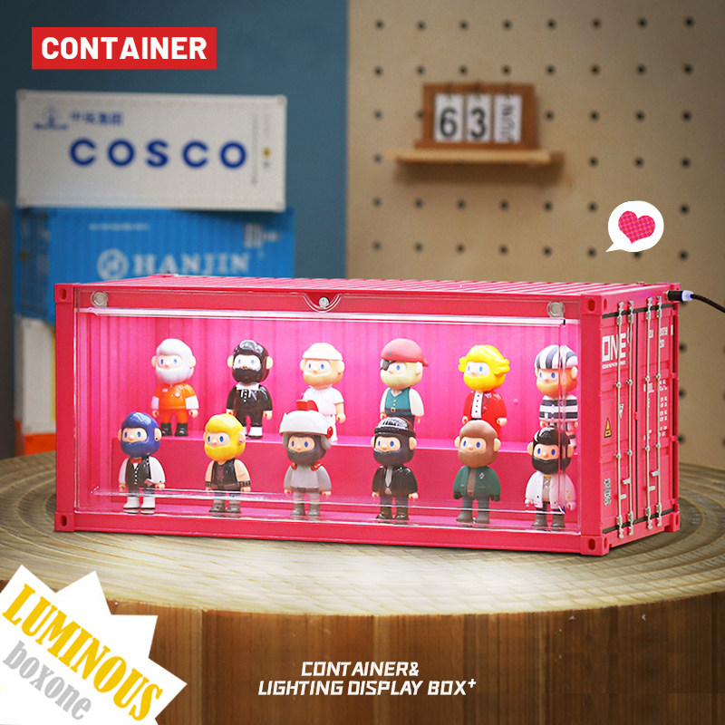 玫红色集装箱展示盒带灯光手办泡泡玛特娃娃公仔摆件模型展示柜