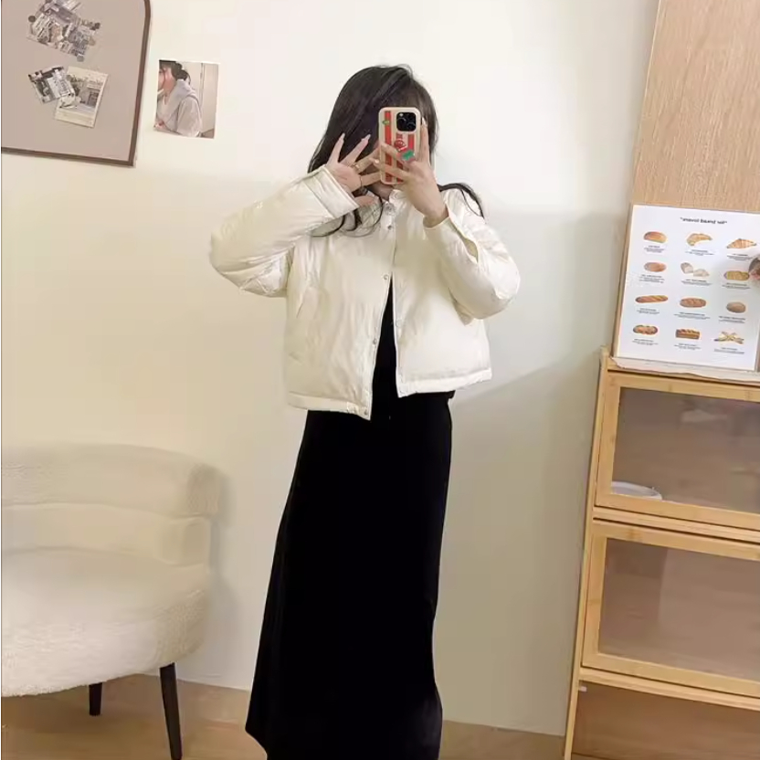 （町）2025秋冬女士衬衫领羽绒服韩系通勤保暖防寒短白鸭绒外套