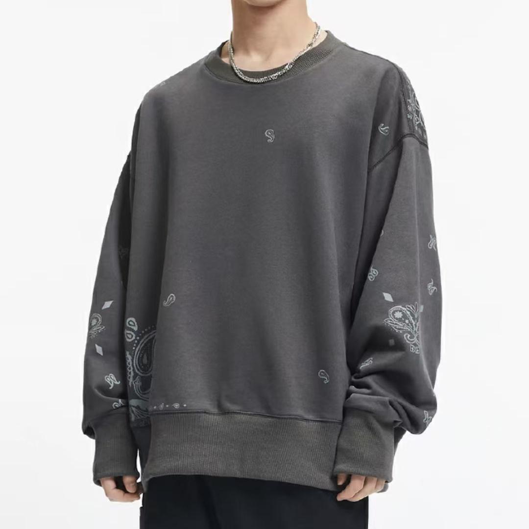 印花大阔卫衣灰色腰果花圆领