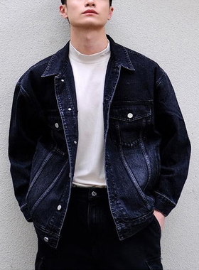 商场款秋季男士复古廓形翻领牛仔衫外套休闲夹克潮92320/H8