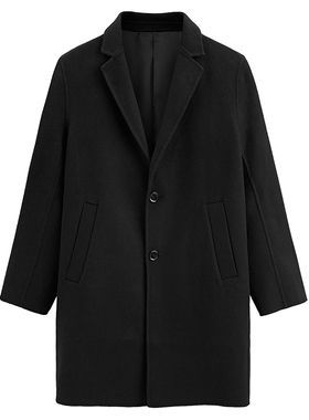 TOP推荐~秋冬季男士中长款双面呢大衣黑色刺绣羊毛呢外套84346/C8