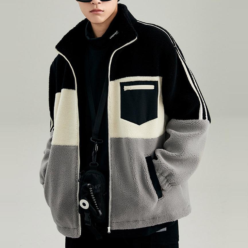 2024秋季男士拼色仿羊羔毛立领拉链外套摇粒绒夹克情侣衫潮P4311