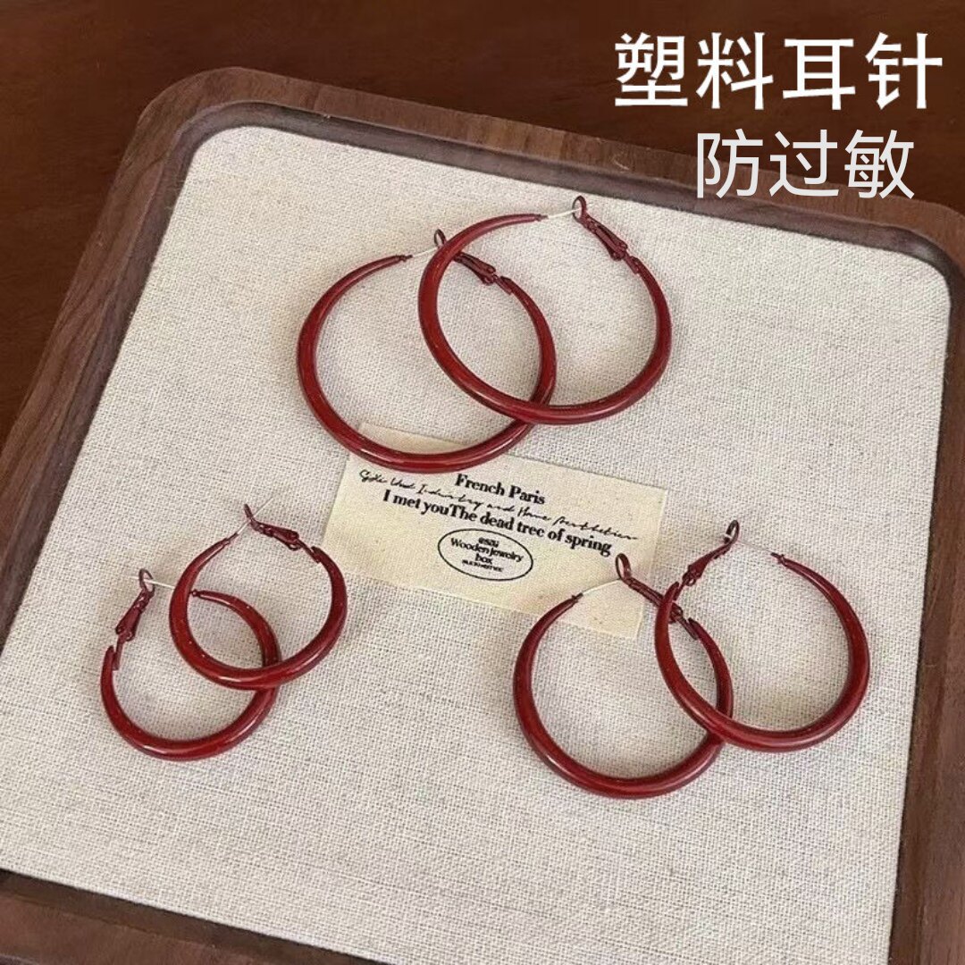 塑料针红色圆圈耳环女大圈圈复古港风耳圈简约气质耳钉耳饰