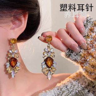 塑料针复古欧美ins风做旧水钻耳环夸张重工款贵妇网红耳钉配饰女