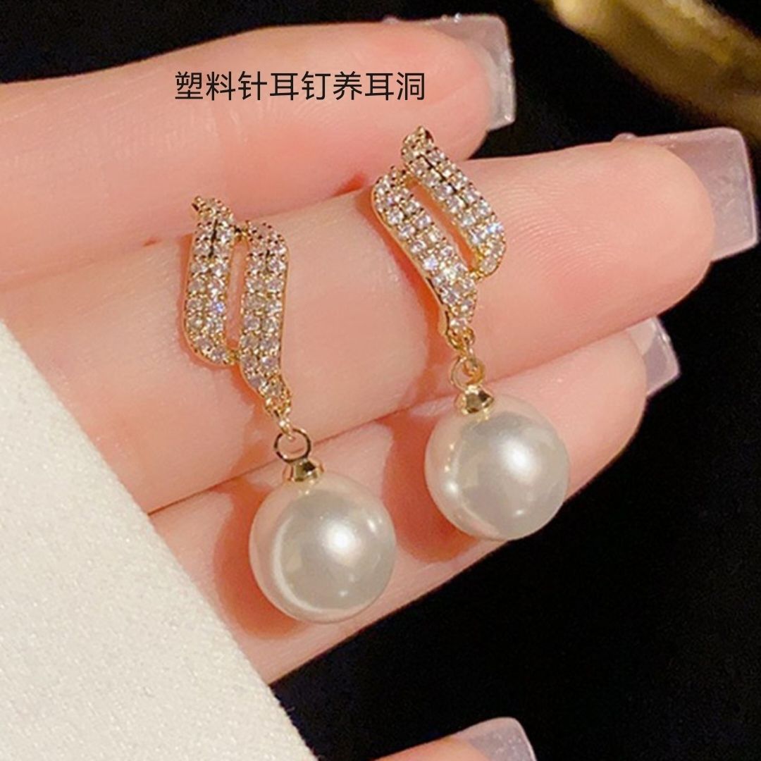 塑料针耳钉高级感天使之翼珍珠耳坠韩国时尚设计感独特气质网红女