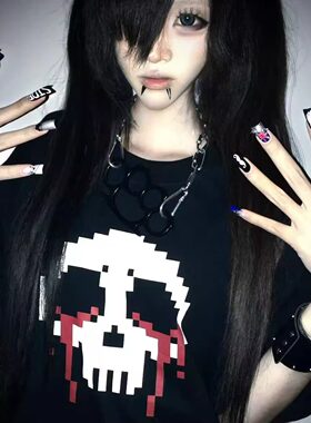 断片小说原创 亚文化宽松T恤二次元像素骷髅印花纯棉情侣上衣女