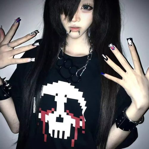 断片小说原创 亚文化宽松T恤二次元像素骷髅印花纯棉情侣上衣女