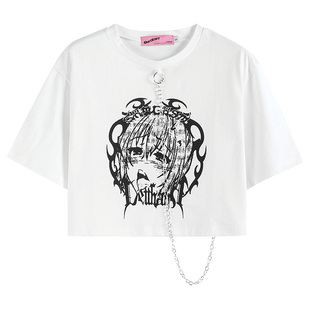 T恤y2k露脐黑白上衣 朋克短袖 亚比原创夏季 原宿风土酷辣妹短款