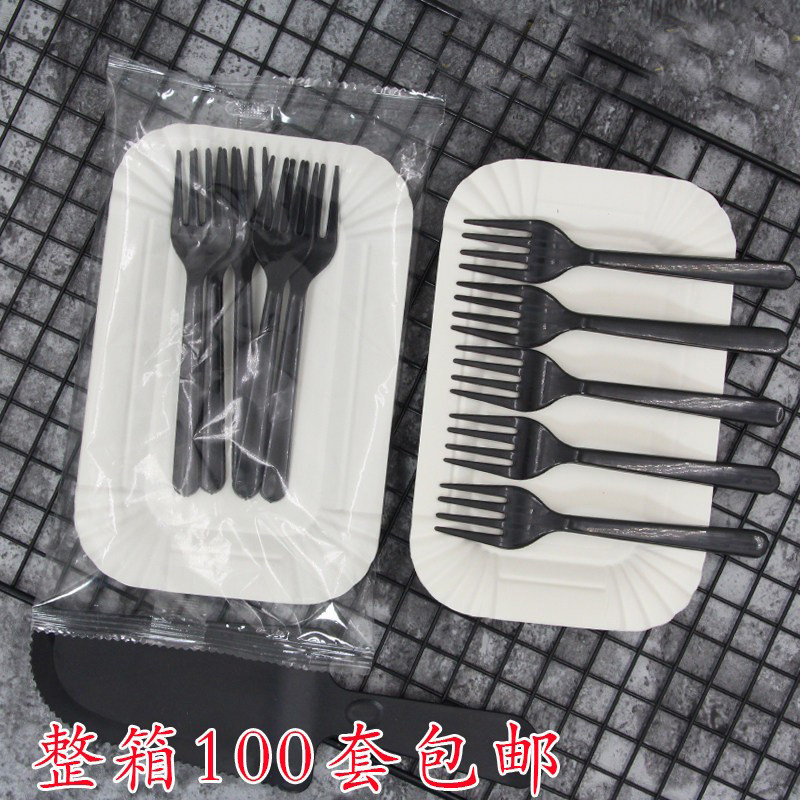 一次性蛋糕纸盘刀叉盘碟组合套装5盘5叉生日长方盘四齿叉餐具包邮