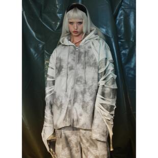 RecoverZone美式街头脏灰重工长袖连帽秋冬PU夹克皮衣男女同款