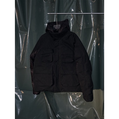 Recoverzone25fw工装风连帽长款羽绒服男黑色户外保暖外套