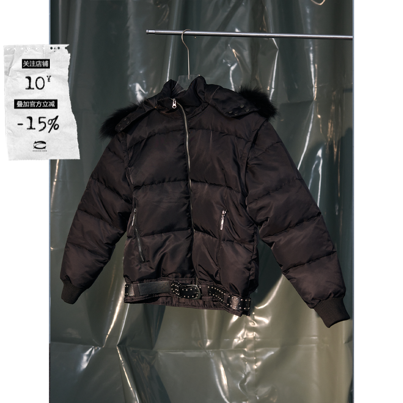 Recoverzone25fw黑色连帽毛领短款夹克男收腰保暖外套加厚冬季