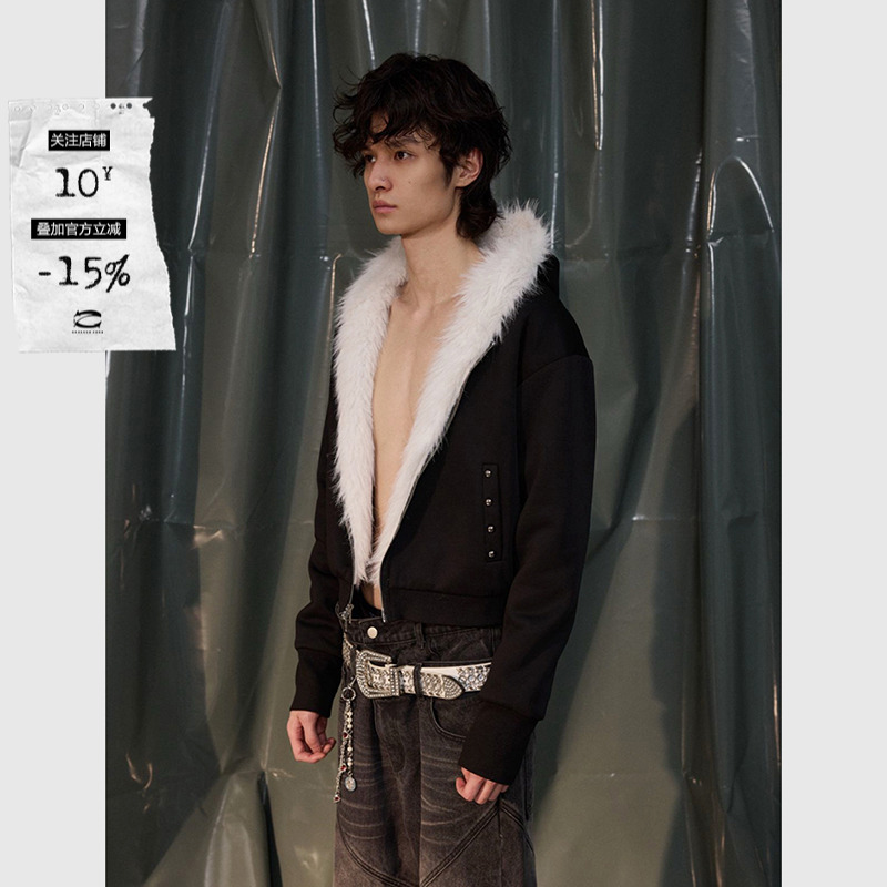 Recoverzone25fw双面皮草铆钉口袋毛绒两面穿冬季保暖加厚连帽