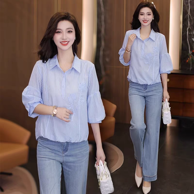 夏款条纹衬衫2025新款时尚减龄今年流行女装小衫洋气漂亮爆款上衣